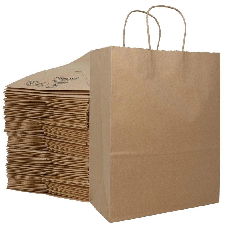Duro ID# 87523 Jr. Mart Shopping Bag 65# 100% Recycled Natural Kraft 250pk 13 x 7 x 13 - Image 1