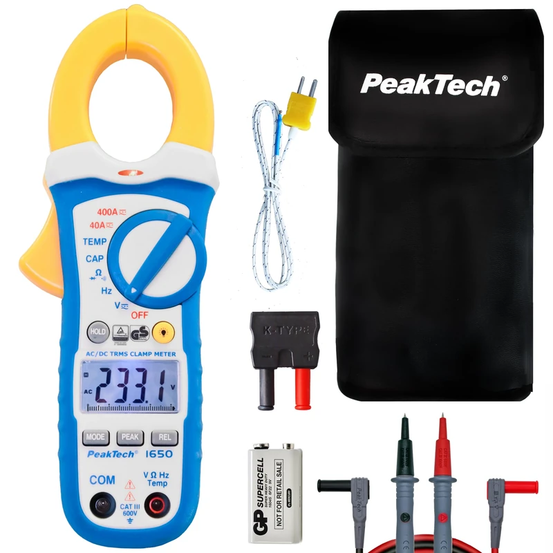 PeakTech Digital Current Meter Meter with Multimeter, P 1650, 400A AC/DC, True RMS, 4000 Counts, Contactless Voltmeter, Ammeter, Continuity Tester, Data Hold