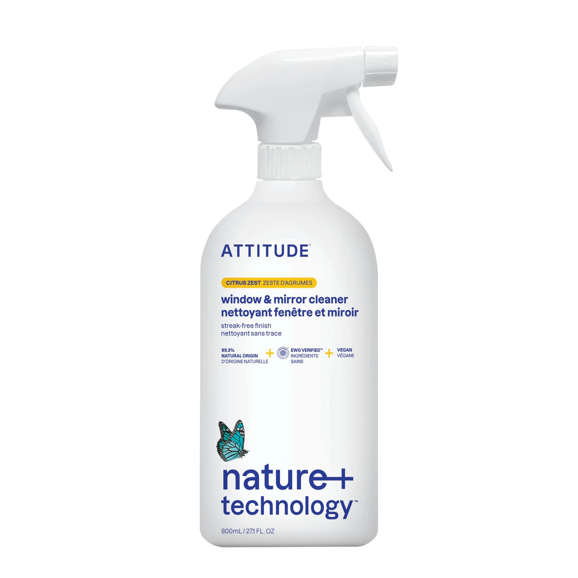 ATTITUDE Window & Mirror Cleaner, EWG Verified, Plant- & Mineral-Based, Vegan & Streak-Free Glass Spray, Citrus Zest Scent, 800 mL