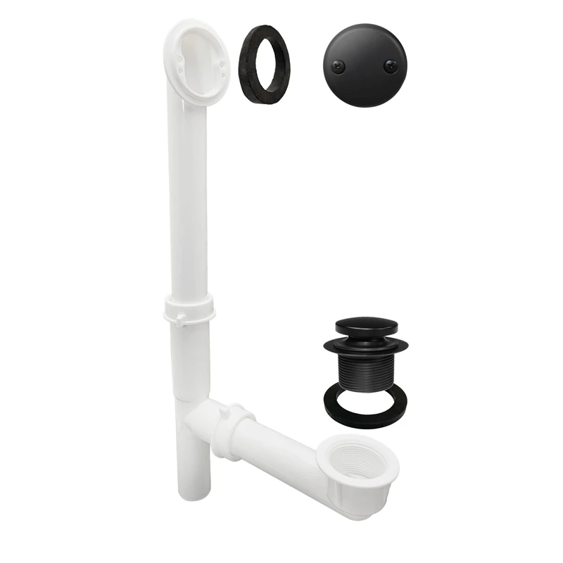 Westbrass 593244-62 14" x 1-1/2" White Tubular Bathtub Waste & Overflow Assembly with Tip-Toe Drain Plug and 2-Hole Faceplate Bath Assy, Matte Black - Image 1