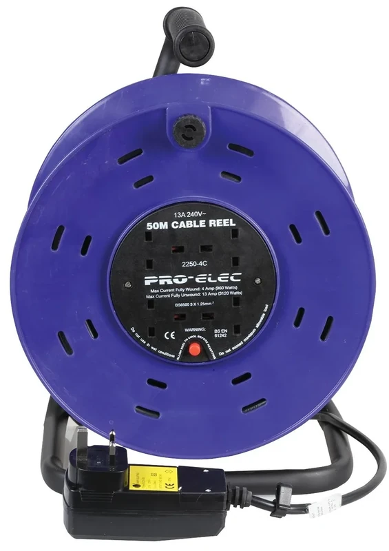 PRO ELEC PELB1648 4-Gang Mains Extension Reel with RCD, 13A, 50m