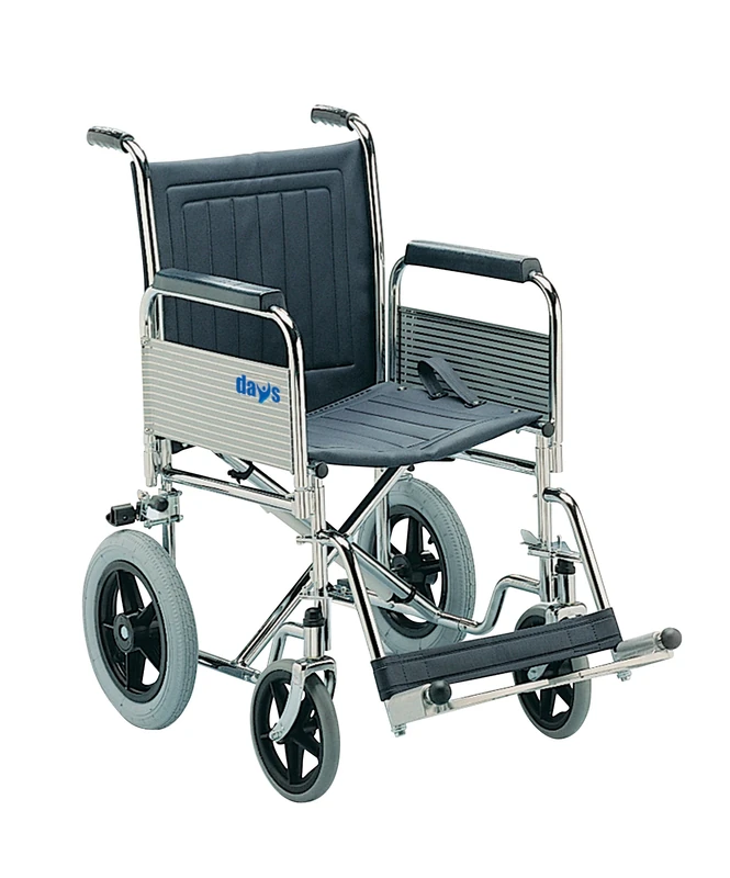 Days Transit Wheelchair, 40cm (20"), Chrome Plated Steel Frame, Detachable Armrests & Detachable Swing Away Footrests, Wipe Clean Seat, Folding Back for Transport, (Eligible for VAT relief in the UK)