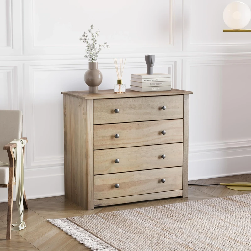 Vida Designs Panama 4 Drawer Chest Solid Pine Wood, Bedroom furniture, Waxed Oak Finish