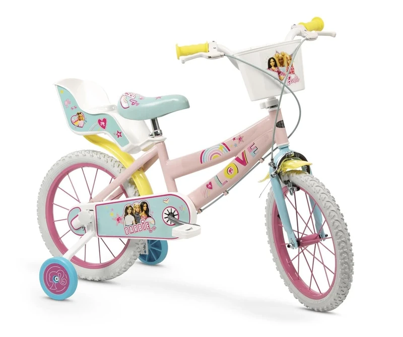 Toimsa Barbie Love 16 inch Bicycle, Kids Bike learn to ride, with training wheel stabilisers and mudguard, for children/youth age 5-7 Years, Pink and Yellow