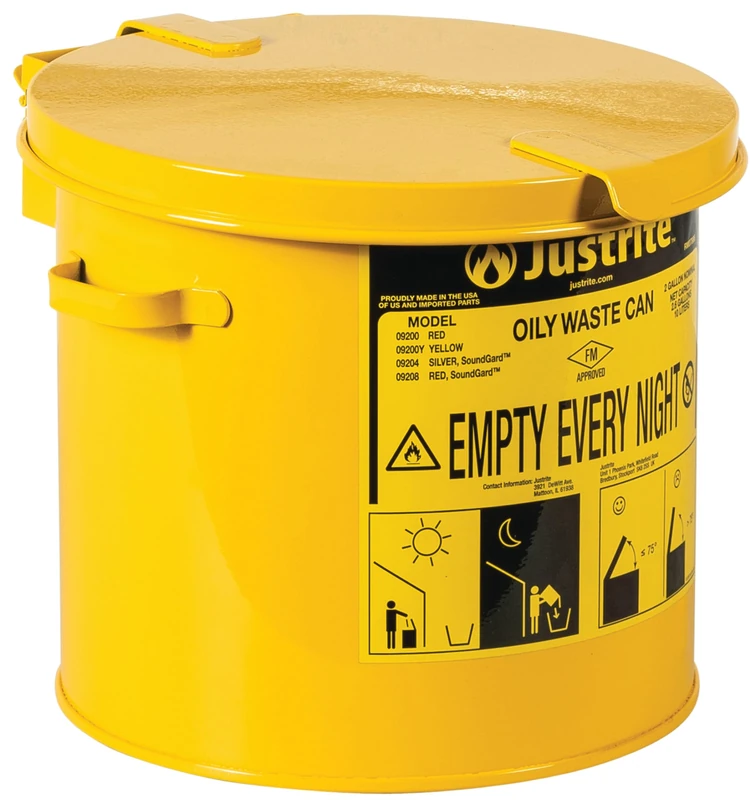 Justrite 09200Y Galvanized Steel Countertop Oily Waste Can, 2 Gallon Capacity, Yellow