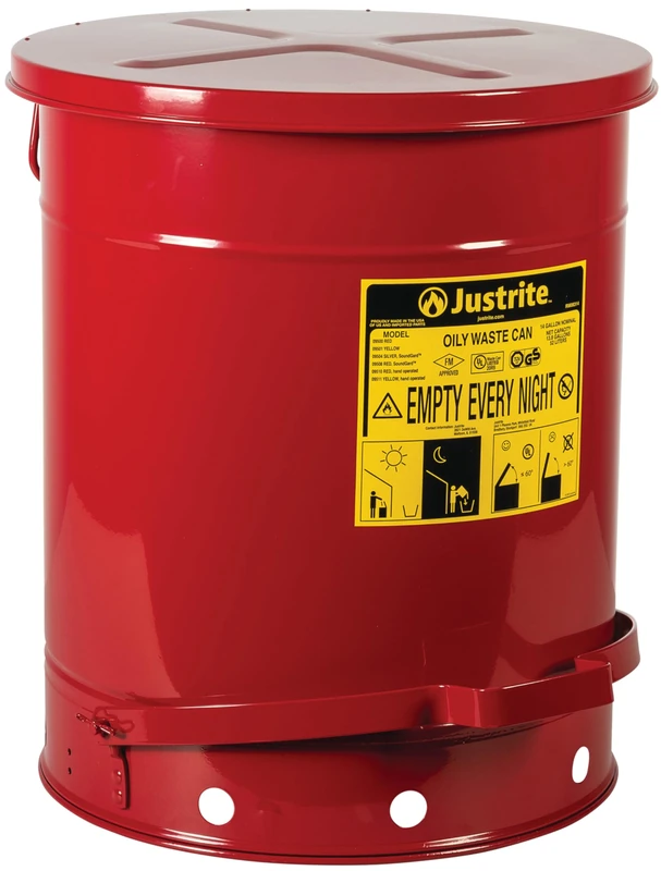 Justrite, 09508, Oily Waste Can, 14 Gal, Steel, Red