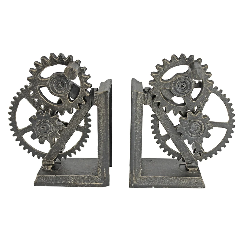 Design Toscano Industrial Gear Steampunk Decor Bookends, 38 cm, Set of Two, Cast Iron, Bronze Finish