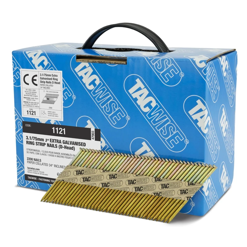 Tacwise 1121 3.1 / 75 mm Extra Galvanised Framing Nails, D Head, Ring Shank, 34° Inclined, Paper Collated, Pack of 2,200, Silver