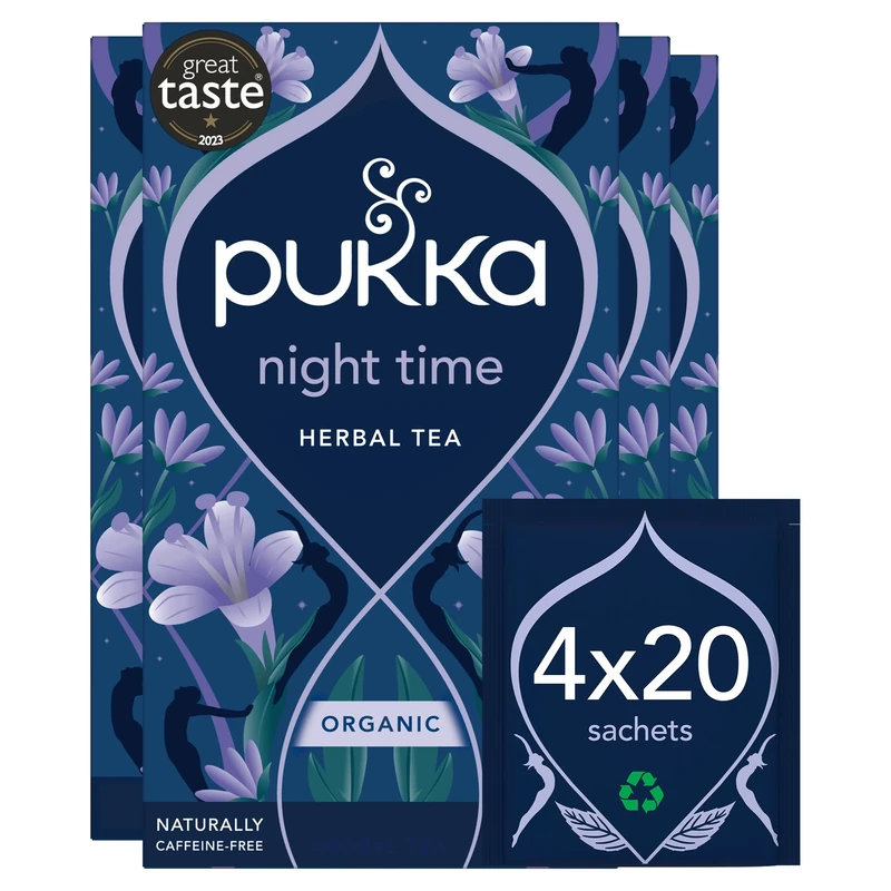 Pukka Herbs, Night Time Organic Herbal Sleep Tea Box, Chamomile, Lavender, Oat Flower, & Limeflower, Natural For Bedtime Relaxation, Caffeine Free, 4 Packs, 80 Plant Based Biodegradable Tea Bags