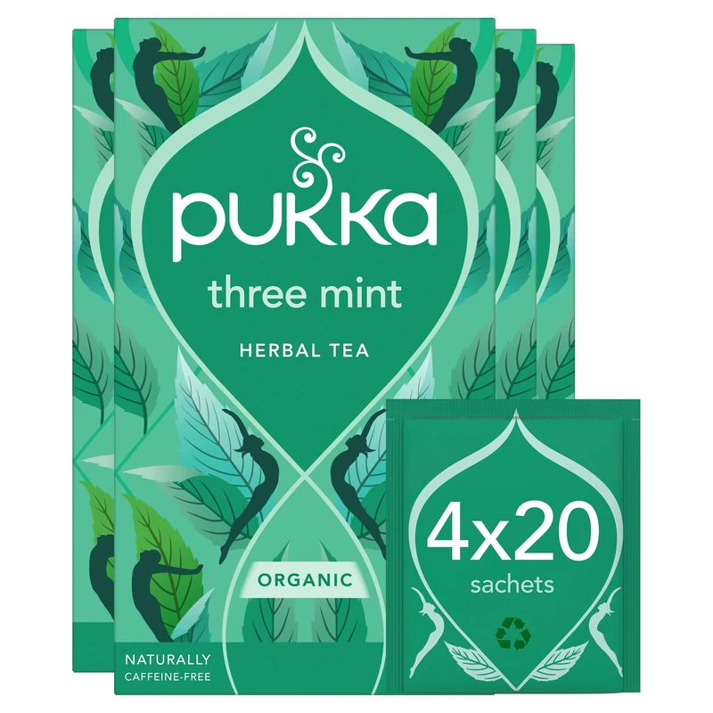 Pukka Herbs | Three Mint Organic Herbal Tea Box | Tea Infusion With Spearmint, Peppermint, Fieldmint | Ideal For Digestion | Sleep | Caffeine Free | 4 Packs | 80 Plant Based Biodegradable drink