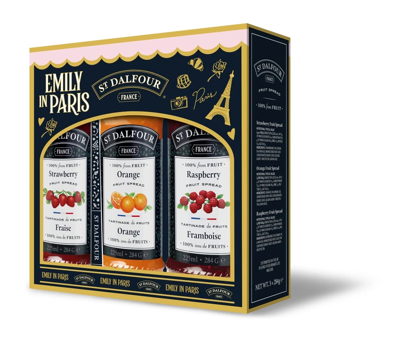St. Dalfour Emily in Paris Gift Set – 3 Gourmet Fruit Preserves with Collectible Spoon, 852g Total – Premium French Jam Variety Pack, Authentic French Fruit Spread Gift Box - 3x 284g Jars