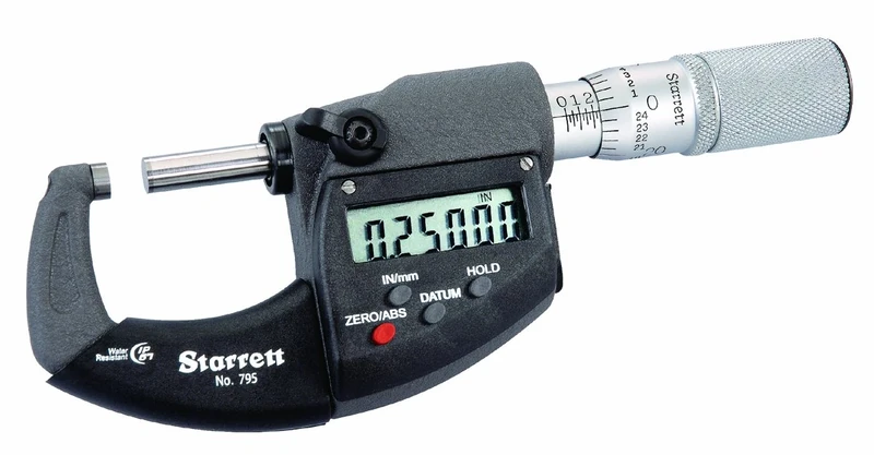 Starrett 795XFL-3 LCD Outside Micrometer, IP67, Friction Thimble, Lock Nut, Carbide Faces, 2-3" Range, 0.00005" Graduation, +/-0.0001" Accuracy, RS-232 Output