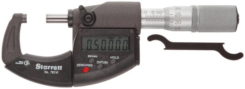 Starrett 795MEXFL-50 LCD Outside Micrometre, IP67, Friction Thimble, Lock Nut, Carbide Faces, 25-50mm Range, 0.001mm Graduation, +/-0.003mm Accuracy, RS-232 Output
