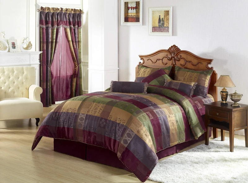 Chezmoi Collection Gitano Jacquard Patchwork 7-Piece Bedding Set, California King, Multi Color, Polyester Blend, Green, Purple, Burgundy