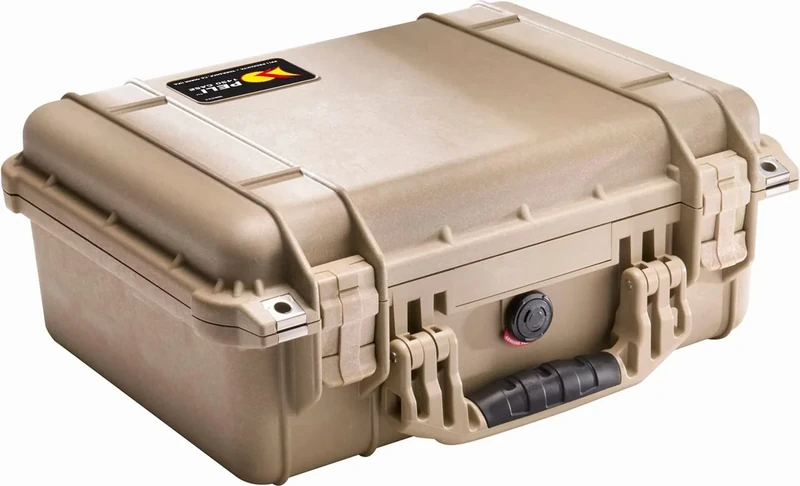 PELI 1450 Watertight Protective Case for Electronic Devices, IP67 Rated, 31L Capacity, Made in Germany, No Foam, Desert Tan