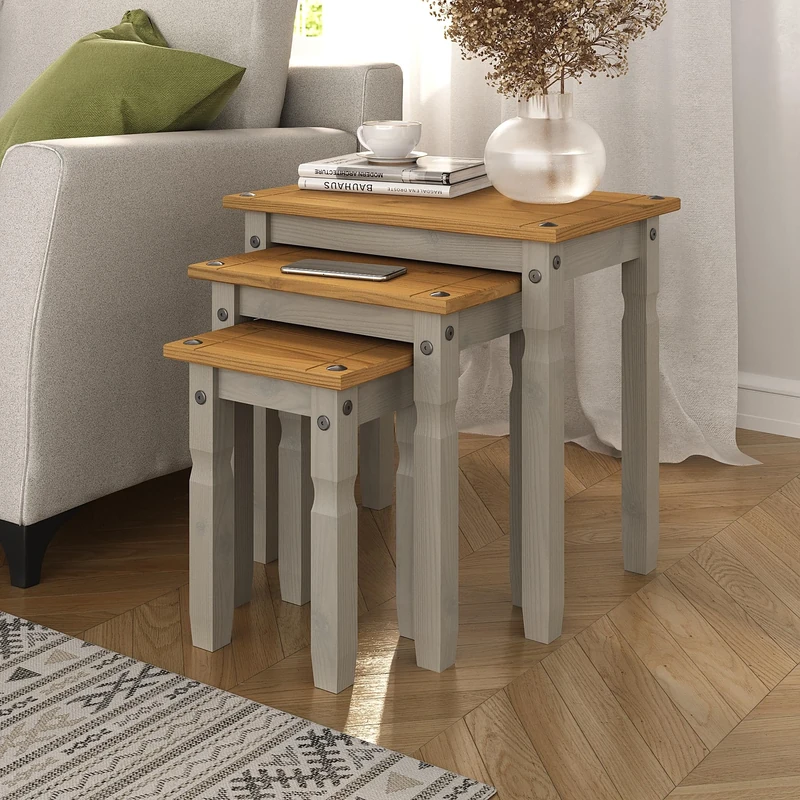 Corona Grey Mexican Nest of Tables, Mexican Solid Pine
