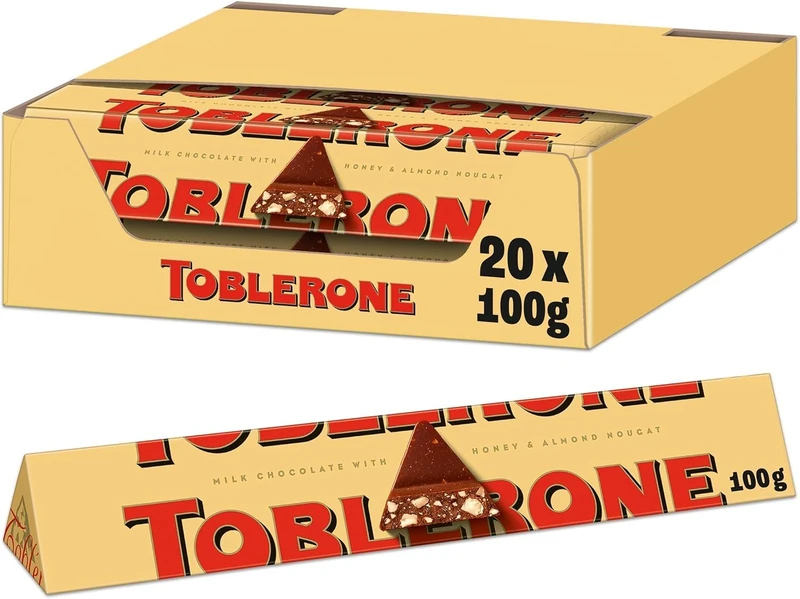 Toblerone Milk Chocolate Bar Multipack, Swiss Chocolate with Honey and Almond Nougat, 20 x 100 g Bar Per Box (1 Box Total)