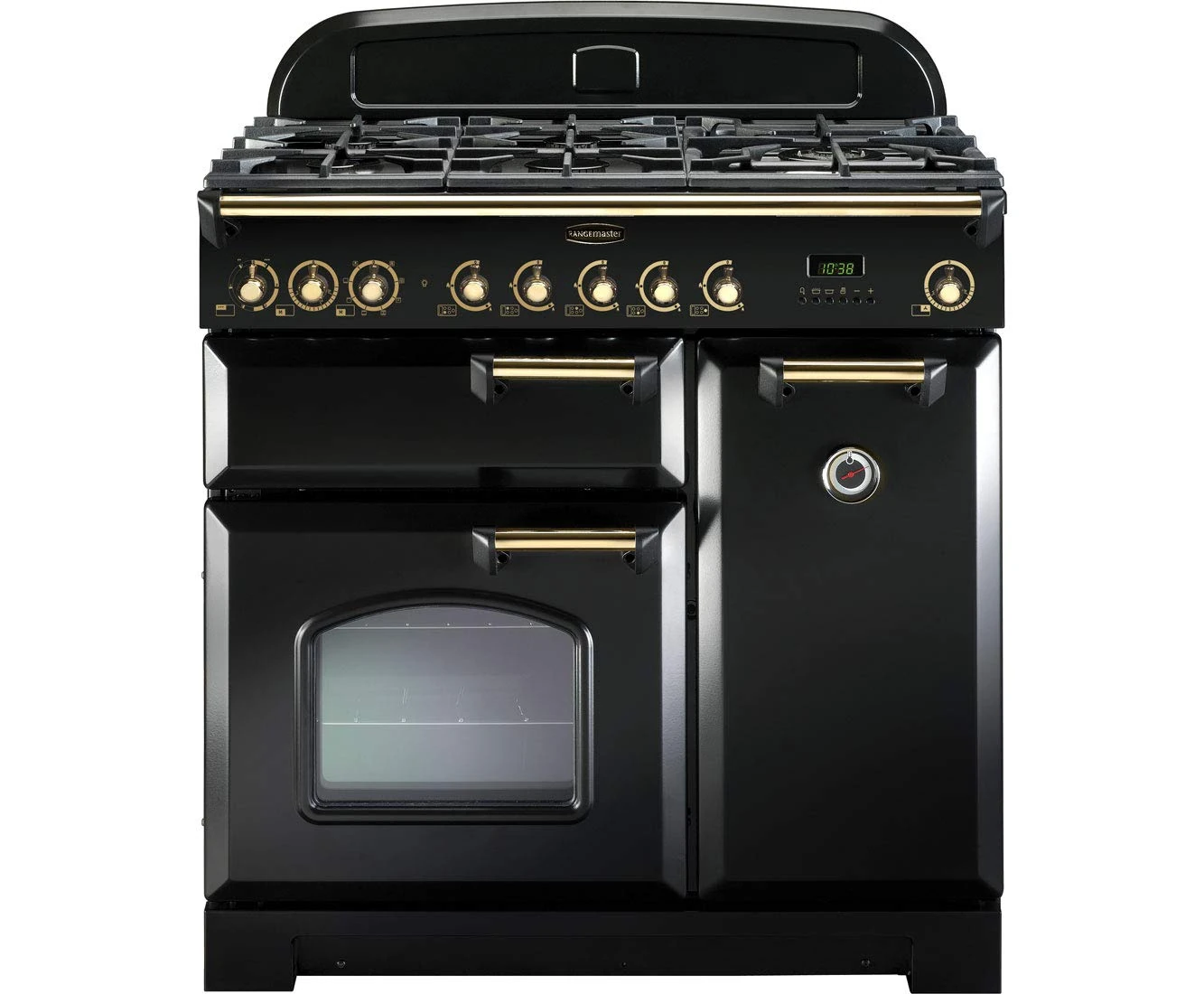 Rangemaster CDL90DFFBL/B Classic Deluxe Gloss Black with Brass Trim 90cm Dual Fuel Range Cooker