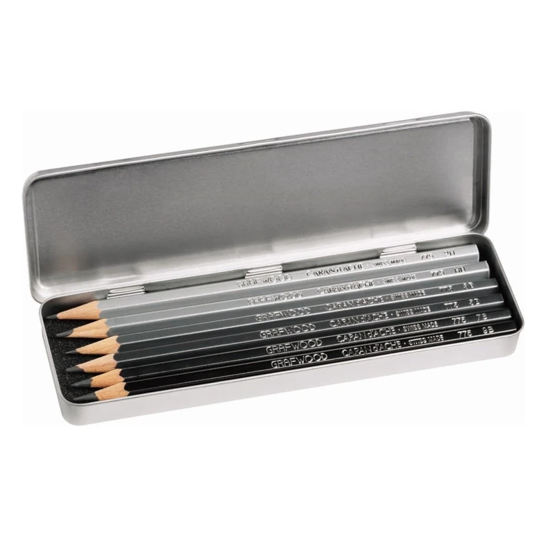 Caran d'Ache Graphite Line metal box with 1 each 9B, 7B, 5B, 3B, HB, and 2H, gray, 775.306 - Image 1