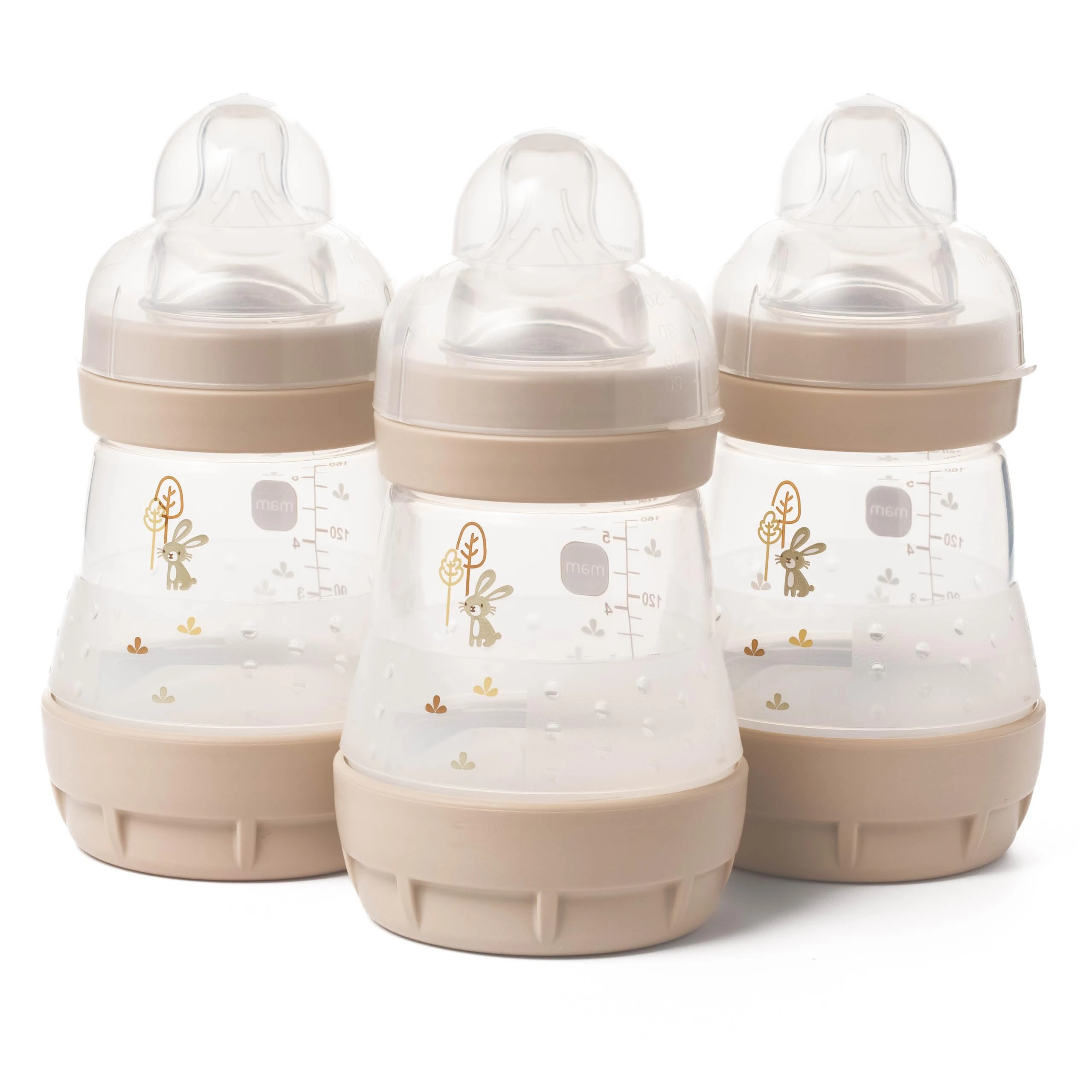 MAM Easy Start Anti-Colic Baby Bottles | 3 Pack (3 x 160ml) | Self-Sterilising Baby Milk Bottle | Slow Flow MAM Teats Size 1 | Newborn Essentials | Beige (Various Designs)