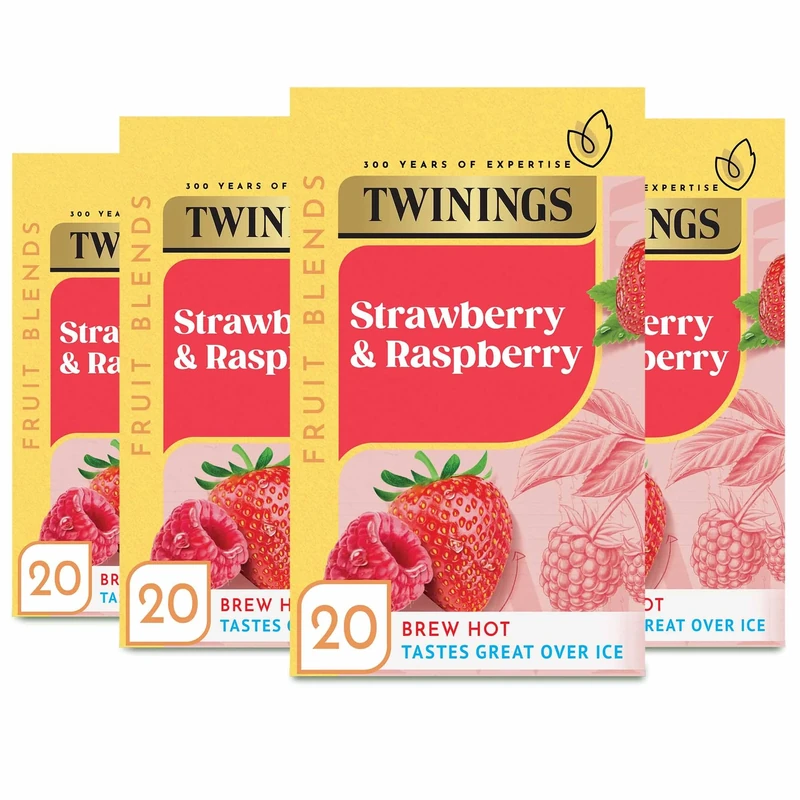 Twinings Strawberry & Raspberry Fruit Infusion Flavoured Tea - 80 Biodegradable Bags (Multipack of 4 x 20) , Caffeine & Sugar Free Herbal Vegan Tea with Natural Fruit Flavors, Refreshing Berry Blend
