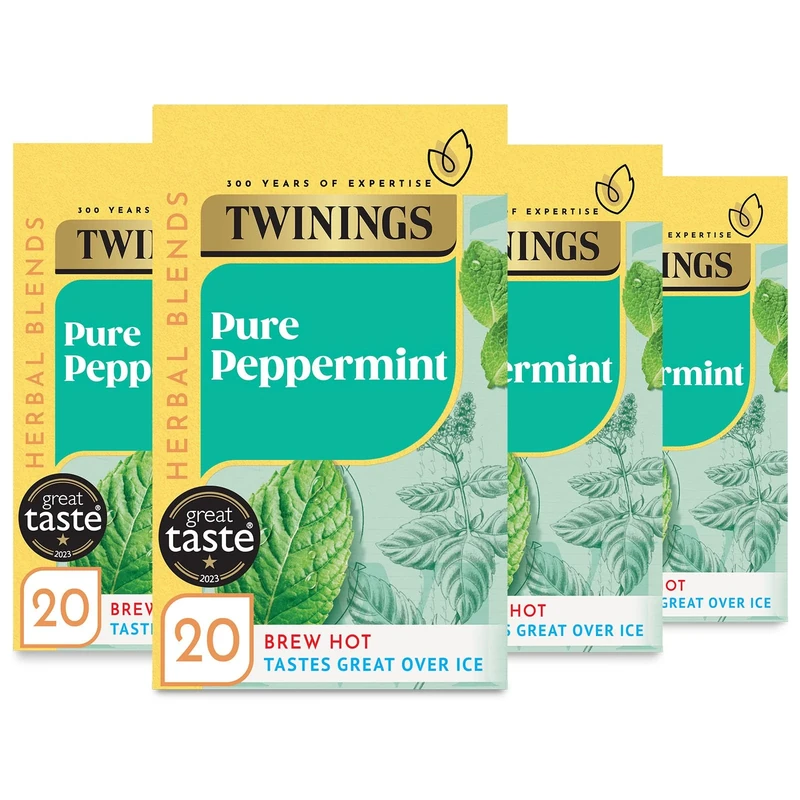Twinings Pure Peppermint Flavoured Tea Bags - 80 Biodegradable Bags (Multipack of 4 x 20)) | Caffeine and Sugar Free Herbal Tea for Digestion and Refreshment | Natural Peppermint Flavor