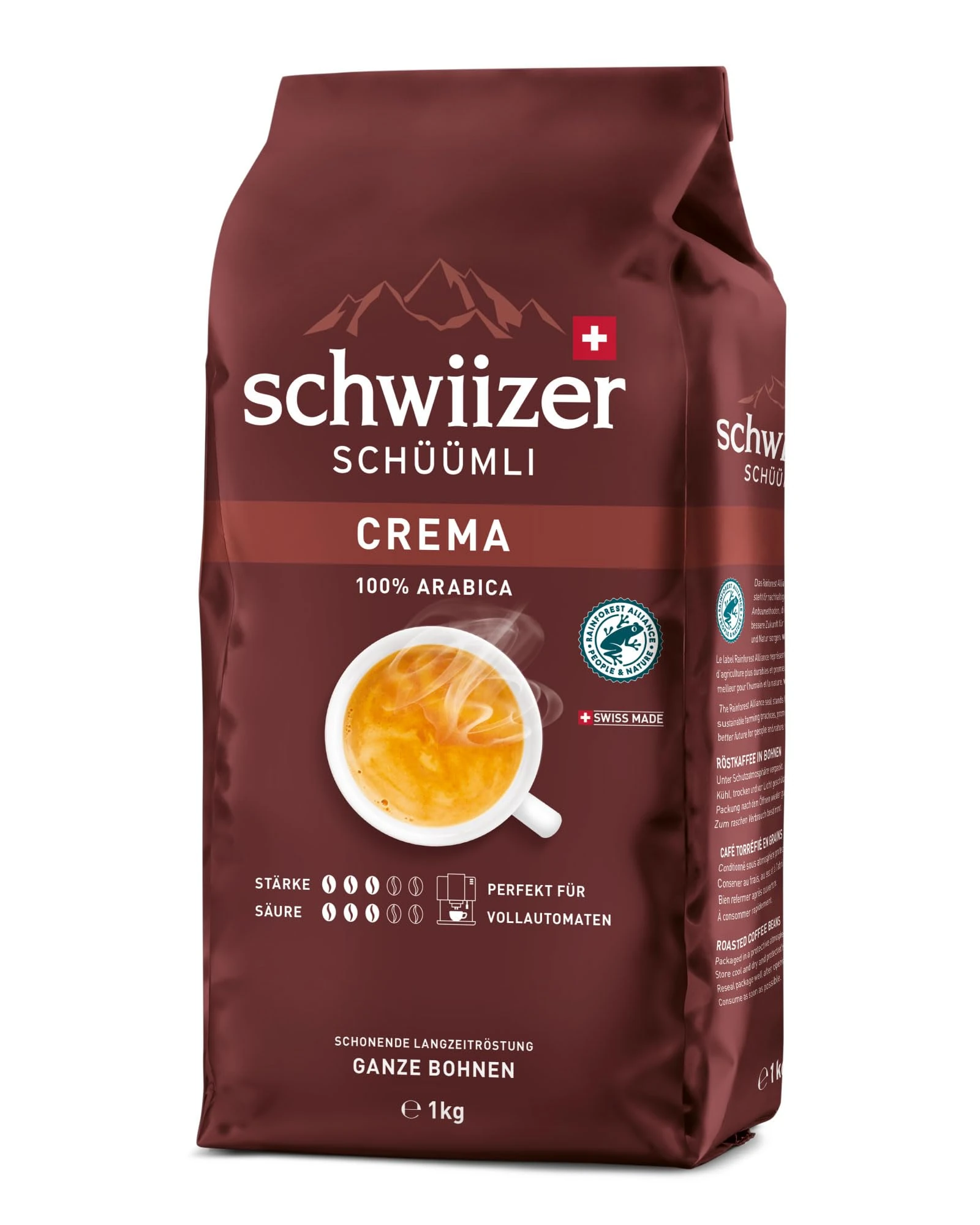 Schwiizer Schüümli Crema, 100 percent Arabica coffee beans, aromatic and intense, perfected for fully automatic machines, strength 3/5, medium roast, Rainforest Alliance-certified, 1kg