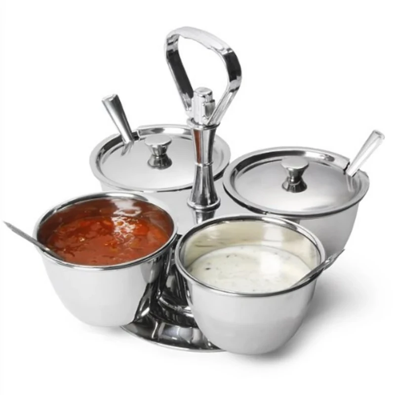 Revolving Relish Server Dish by bar@drinkstuff | Stainless Steel 4 Sauce Curry, Condiment, Dip Bowls