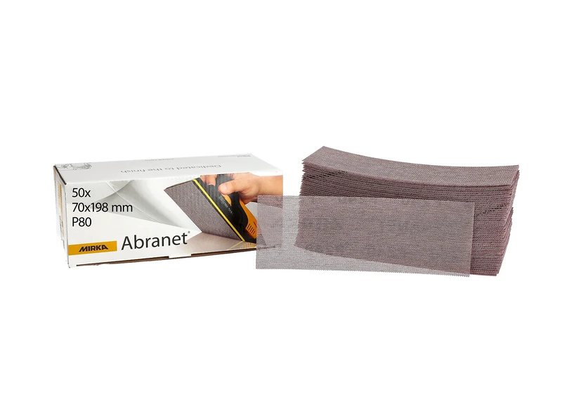 Mirka Abranet net sandpaper strips 70 x 198 mm Hook & loop/Grit P80 / 50 pcs/for sanding wood, walls, metal, aluminium, stainless steel, filler, varnish, plastic / 5415005080