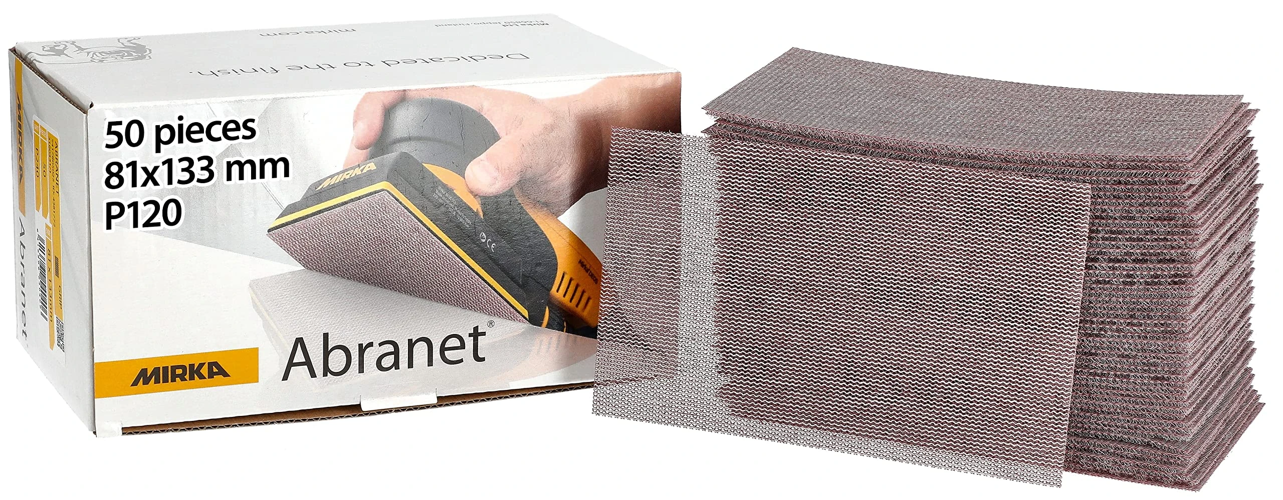 Mirka Abranet net sandpaper strips 81x133 mm Hook & loop/Grit P120 / 50 pcs/for sanding wood, walls, metal, aluminium, stainless steel, filler, varnish, plastic / 5417805012