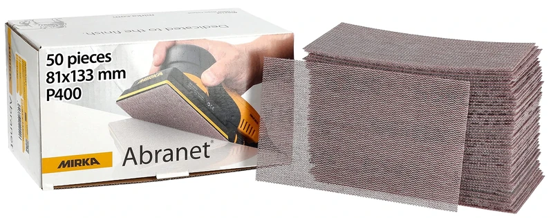 Mirka Abranet net sandpaper strips 81x133 mm Hook & loop/Grit P400 / 50 pcs/for sanding wood, walls, metal, aluminium, stainless steel, filler, varnish, plastic / 5417805041