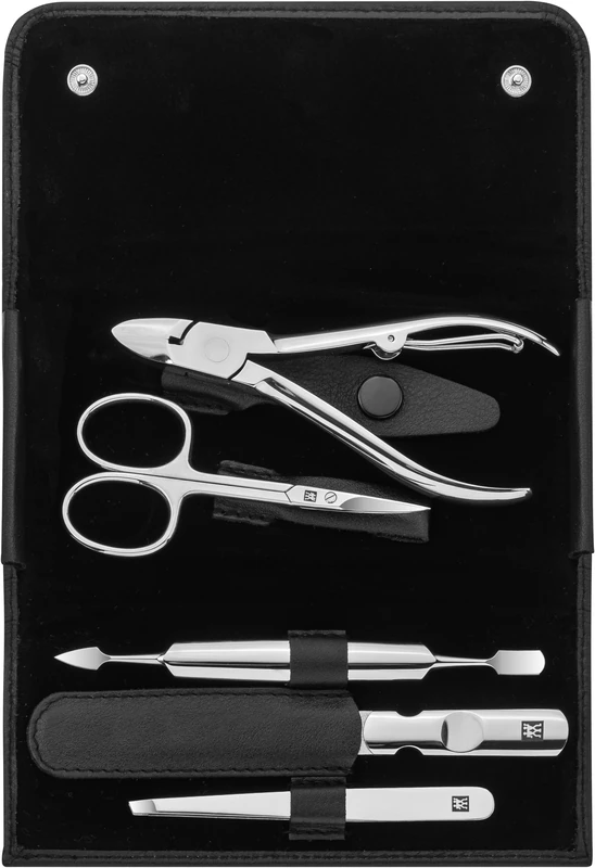 ZWILLING Classic Inox Calf Leather Manicure Set with Snap Fastener, Black, 5 Pcs