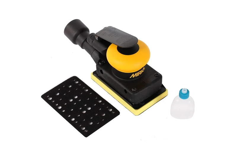 MIRKA Compressed Air Orbital Sander Central Suction 3.19" x 5.24" 0.12" Stroke Incl. Protection Pad Allen Key Suction Hose Nippel + Adapter Set GRIP OS353CV 54 Holes 1 Piece - Image 1