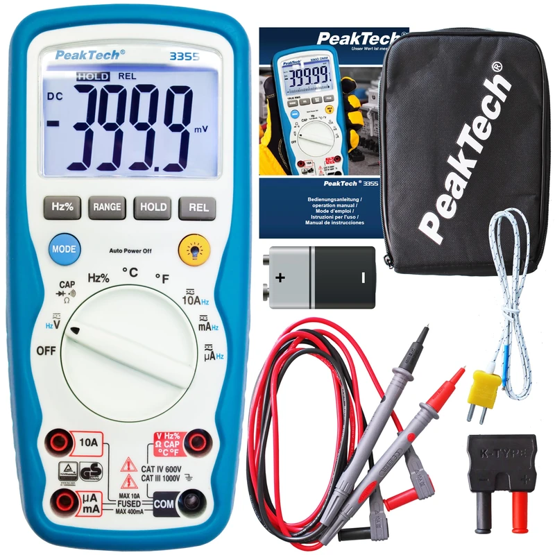 PeakTech 3355 - Digital Multimeter, Waterproof (IP67), LCD Display, 4000 Counts, Handheld Multimeter, Autorange, REL-Data Hold, Voltmeter, Continuity Ttester, Measuring Device - CAT III 1000 V