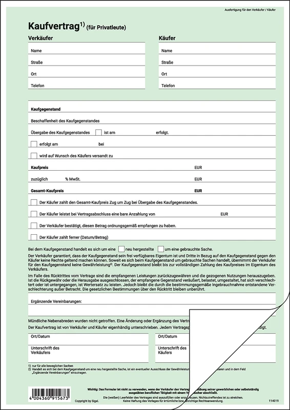 Sigel KV420 Purchase Agreement (Common) DIN A4 Pack of 25