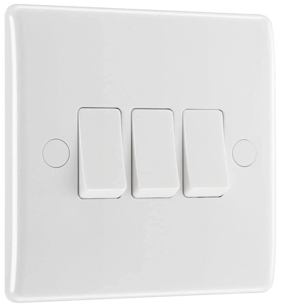 BG Electrical Triple Wall Light Switch, 2 Way, Round Edge, Nexus 800 Series, White Moulded, 20A, 16AX, 843