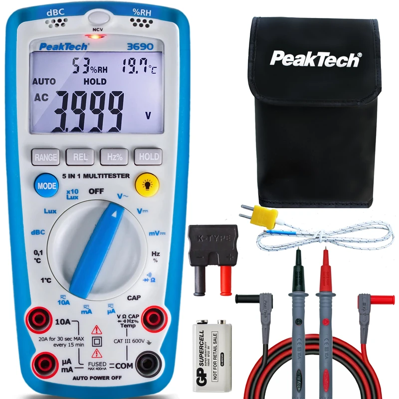 PeakTech P 3690 – Digital 5-in-1 Multimeter, Luxmeter, Sound Level Meter, Humidity Meter, Voltmeter, Thermometer, Handheld Multimeter, Continuity Tester, Meter, 4000 Counts - 600 V