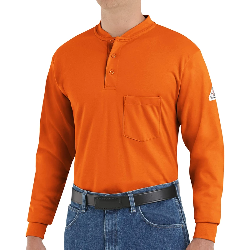 Bulwark FR Men's Flame Resistant 6.25 Oz Cotton Long Sleeve Tagless Henley Shirt, Orange, XX-Large