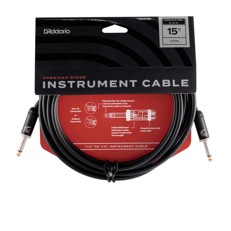Planet Waves D'Addario Guitar Cable - Guitar Lead - Geo Tip for Secure Connection - 1/4 Inch Male to 1/4 Inch Male - 15 Feet/4.57 Meters - Straight Ends - 1 Pack