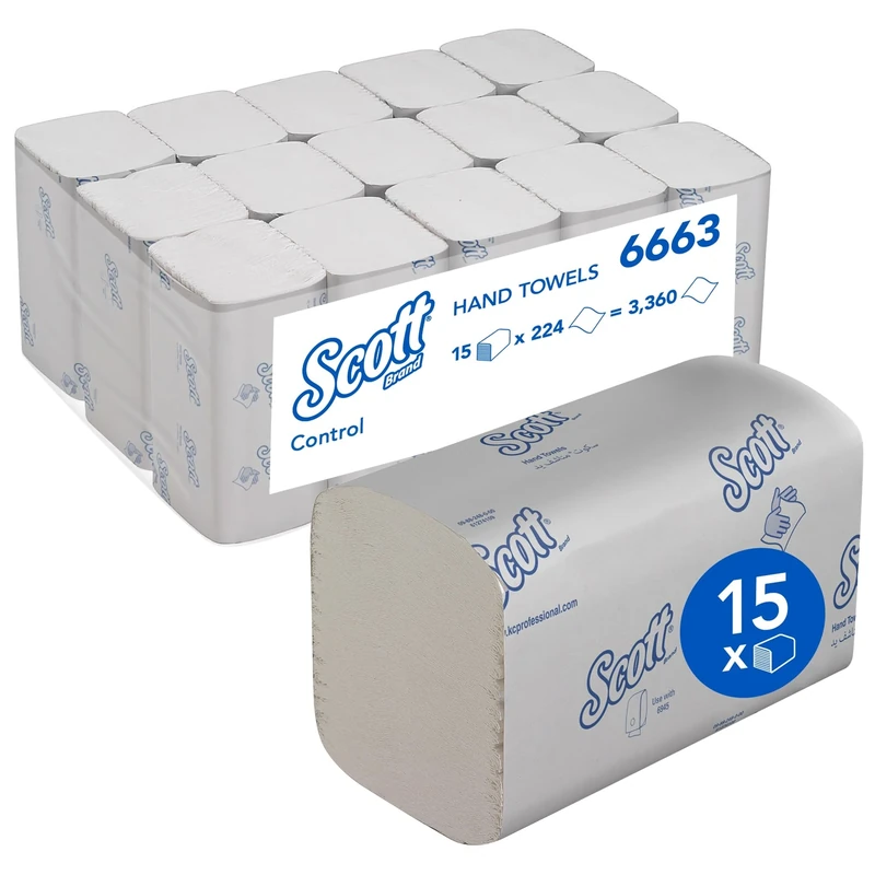 Scott Control Folded Paper Towels, V-Fold 1-Ply Towels, Superior Absorbency, Airflex Technology, FSC Certified, European Ecolabel, 15 Packs x 212 Sheets (3,180 Sheets Total), model nr. 6663