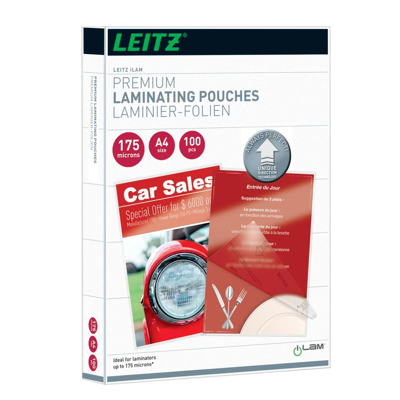 Leitz 74830000 Laminating Pouches Made of 175 Micron Thick Material (Transparent, Glossy, A4 and UDT) - Pack of 100