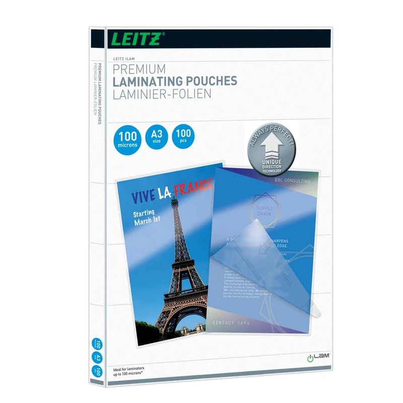Leitz 74870000 Laminating Pouches Made of 100 Micron Thick Material (Transparent, Glossy, A3 and UDT) - Pack of 100
