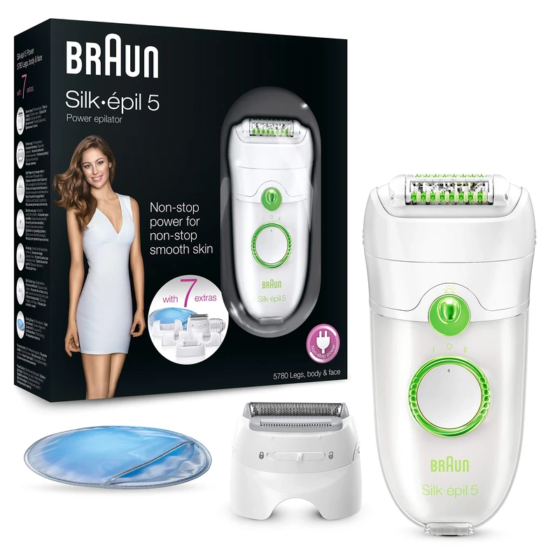 Braun Silk-épil 5 Power Epilator for Hair Removal With 7 Extras Including Shaver Head and Trimmer Cap, With Smart light, Use In Dry Conditions, 2 Pin Bathroom Plug, 5780, White/Green