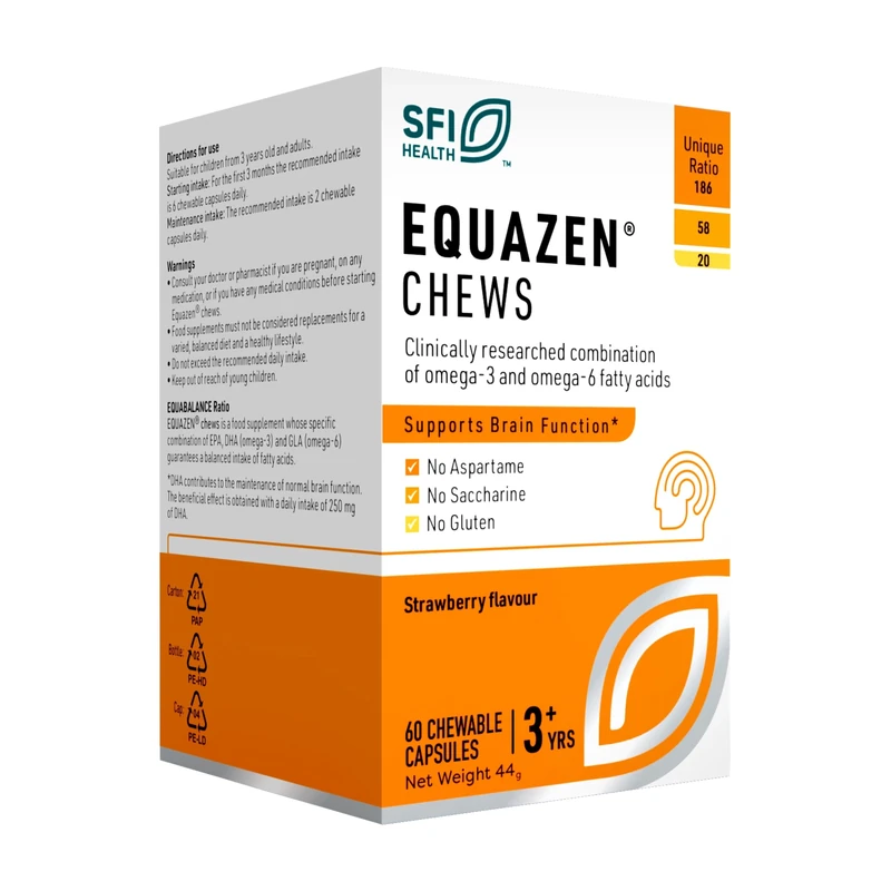 EQUAZEN Chews | Omega 3 & 6 Supplement | Blend of DHA, EPA & GLA | Supports Brain Function | Suitable for Children from 3+ to Adults | 60 Strawberry Flavoured Chews