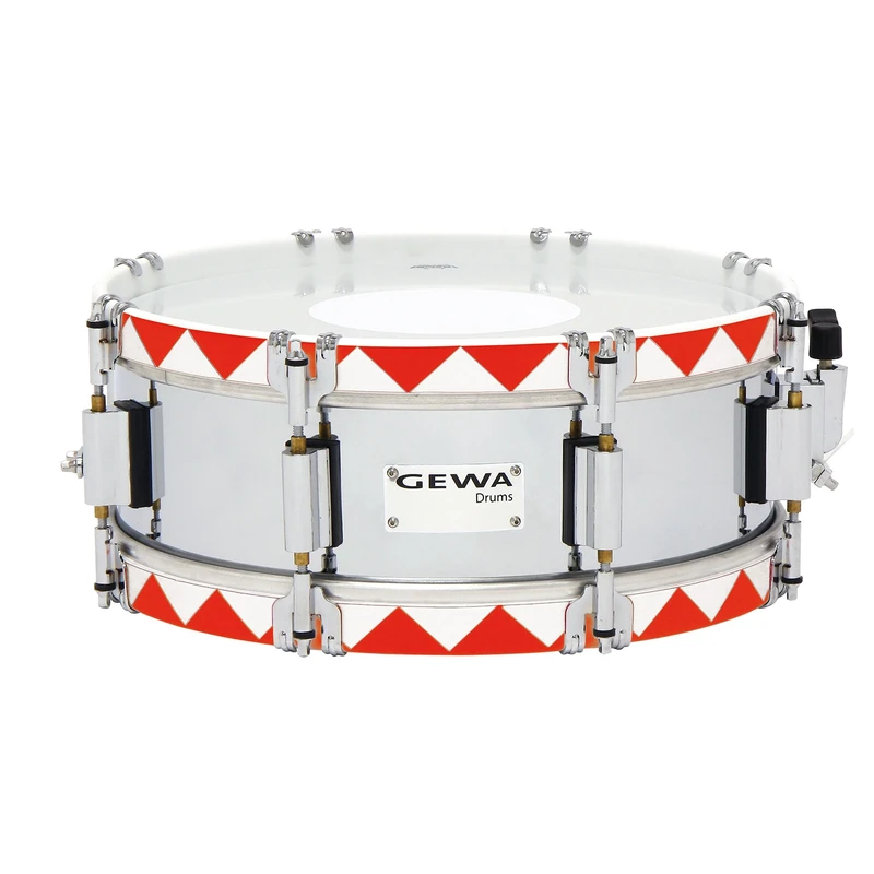 GEWA marching drum small, chrome steel shell with red historical hoop, 14 x 5", 8 tension rods, Remo USA heads, incl. vent plate and knee rest