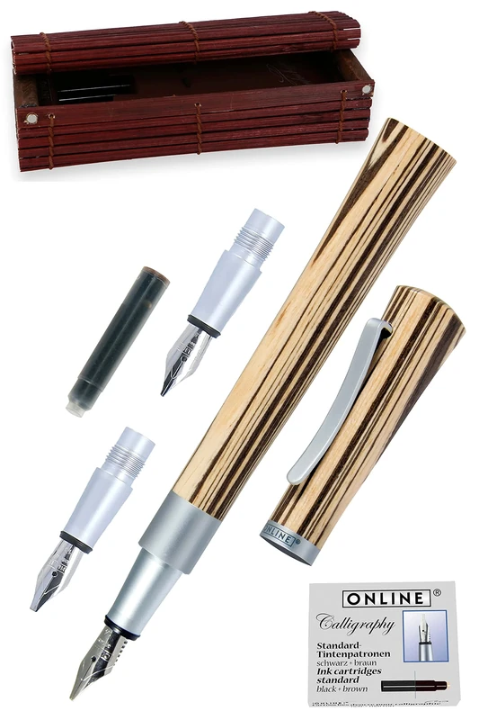 Online calligraphy fountain pen Newood │ calligraphy pen │ natural Wawa wood in brown │ 3 stroke widths 0.8 1.4 and 1.8 mm │ set including 6 ink cartridges │ for Bullet Journal