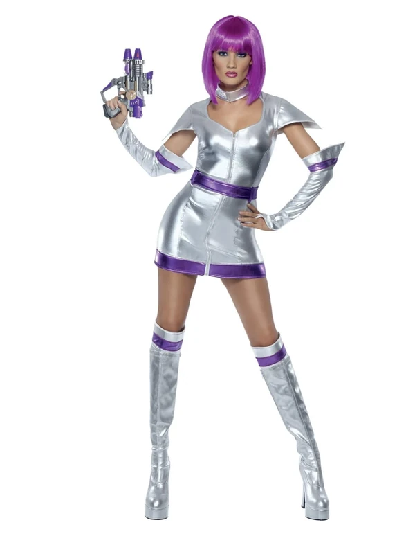 Smiffys Fever Space Cadet Costume, Silver Metallic with Dress, Belt, Arm Cuffs and Boot Cuffs, Fever Fancy Dress, Adult Dress Up Costumes