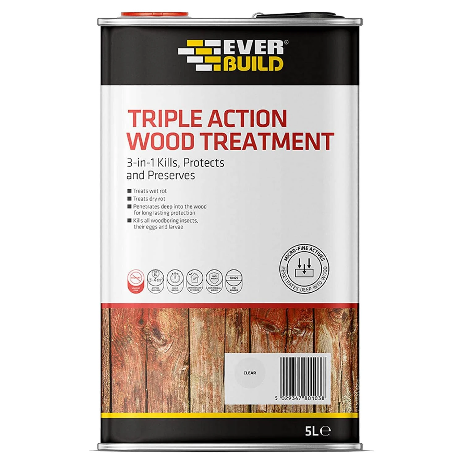 Everbuild LJUN05 Triple Action (Kills, Protects and Preserves) Wood Treatment, Clear, 5 Litre