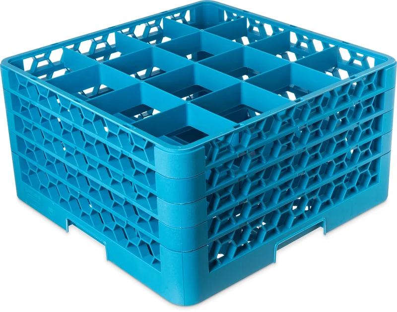 Carlisle RG16-414 16 Compartment Glass Rack with 4 Extenders, Polypropylene, Blue