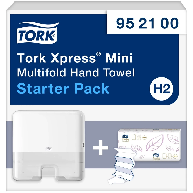 Tork Xpress Mini Multifold Hand Towel Wall Mounted Dispenser Starter Pack White H2, One-at-a-time Dispensing, Wall Mounted Dispenser and x1 Refill, 952100